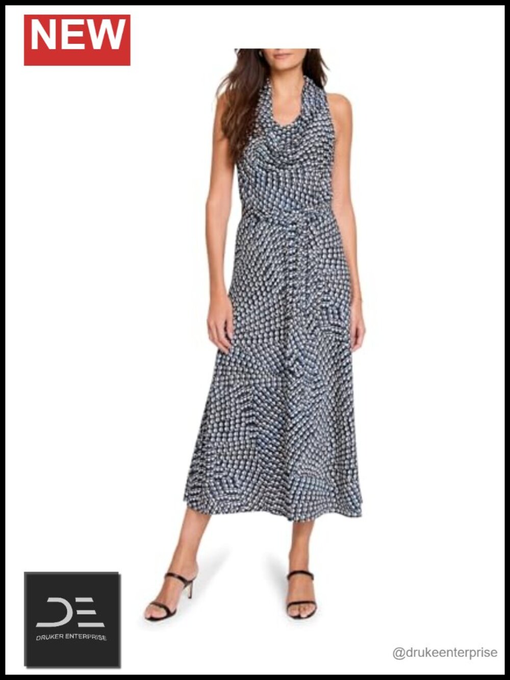 Women's Printed Fit and Flare Drape Neck Sleeveless Dress with Belt